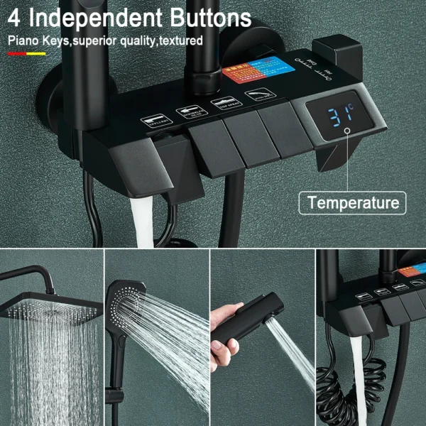 Black Piano Digital Shower Set Intelligent Brass Bathroom Faucets Hot Cold Waterfall Tap Rainfall White Shower System Chuveiro - Image 2