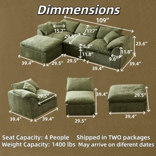 Convertible L-Shape Boneless Couch, 3 Seater-  Boneless Sleeper Sofa Bed with Pillows & Armrests